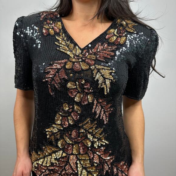 Stenay Vintage Silk Black Fall Leaf Pattern Sequin & Beaded Blouse - Picture 2 of 8